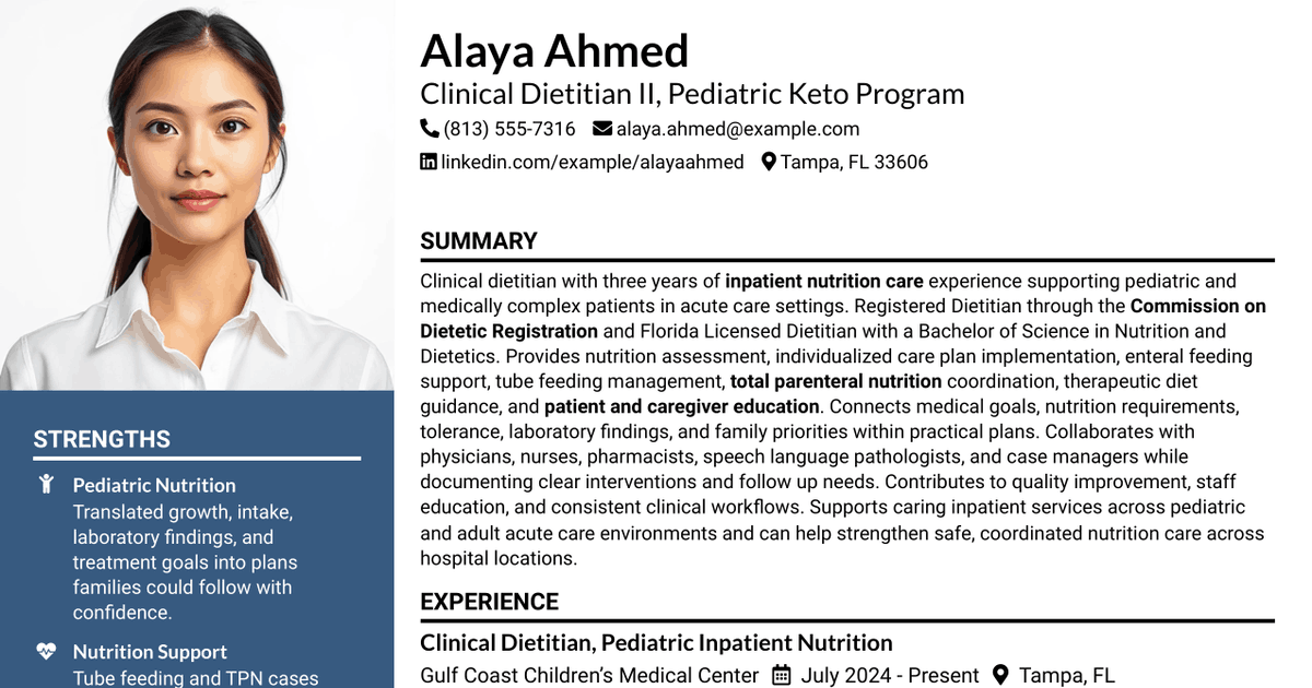 7 Clinical Dietitian II, Pediatric Keto Program Resume Templates with Example