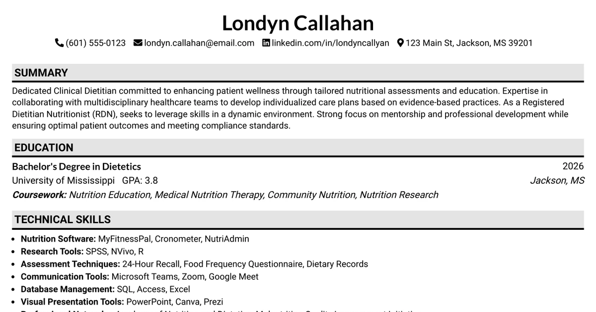 33 CLINICAL DIETITIAN Resume Templates with Example 2026 (ATS-Optimized)
