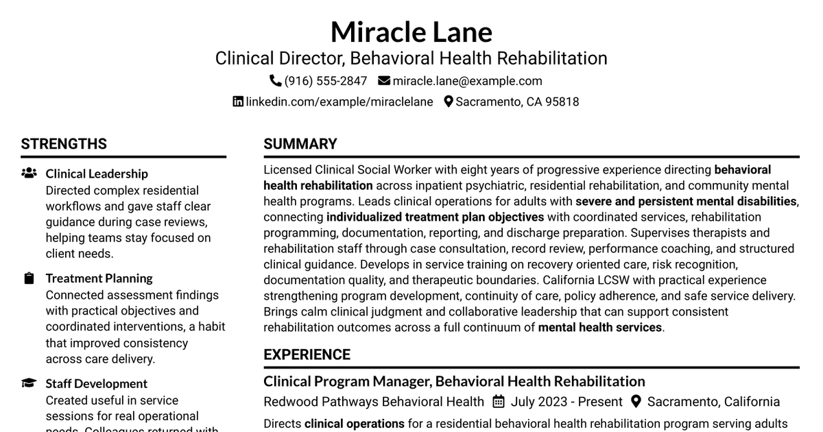 7 Clinical Director - Behavioral Health Rehabilitation Resume Templates with Example