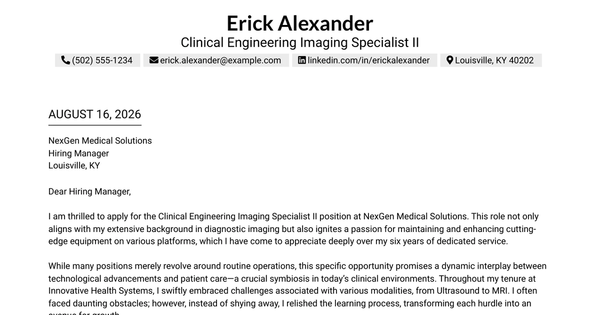 30+ Clinical Engineering Imaging Specialist II Cover Letter Templates with Example 2026