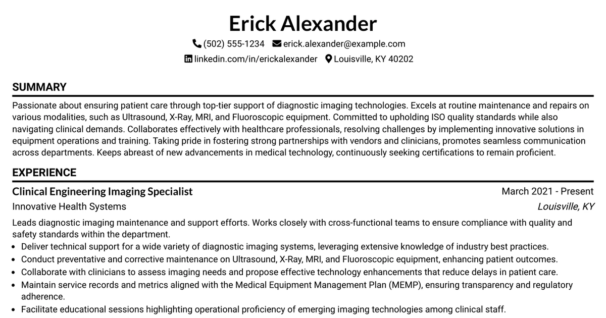 33 Clinical Engineering Imaging Specialist II Resume Templates with Example 2026 (ATS-Optimized)