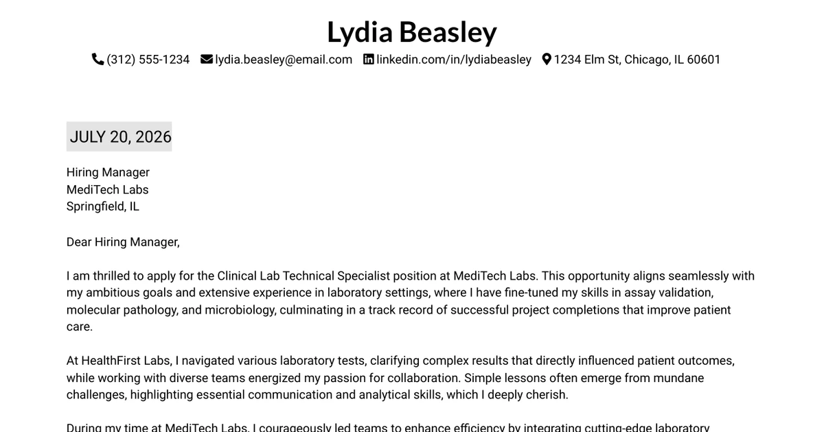 30+ Clinical Lab Technical Specialist Cover Letter Templates with Example 2026