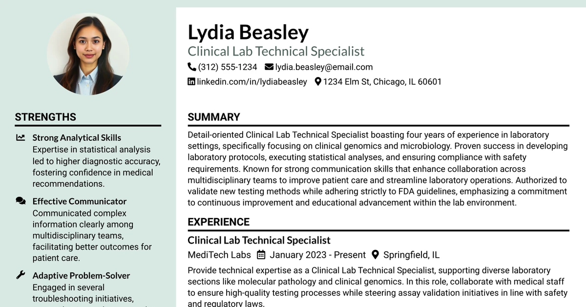 33 Clinical Lab Technical Specialist Resume Templates with Example 2026 (ATS-Optimized)