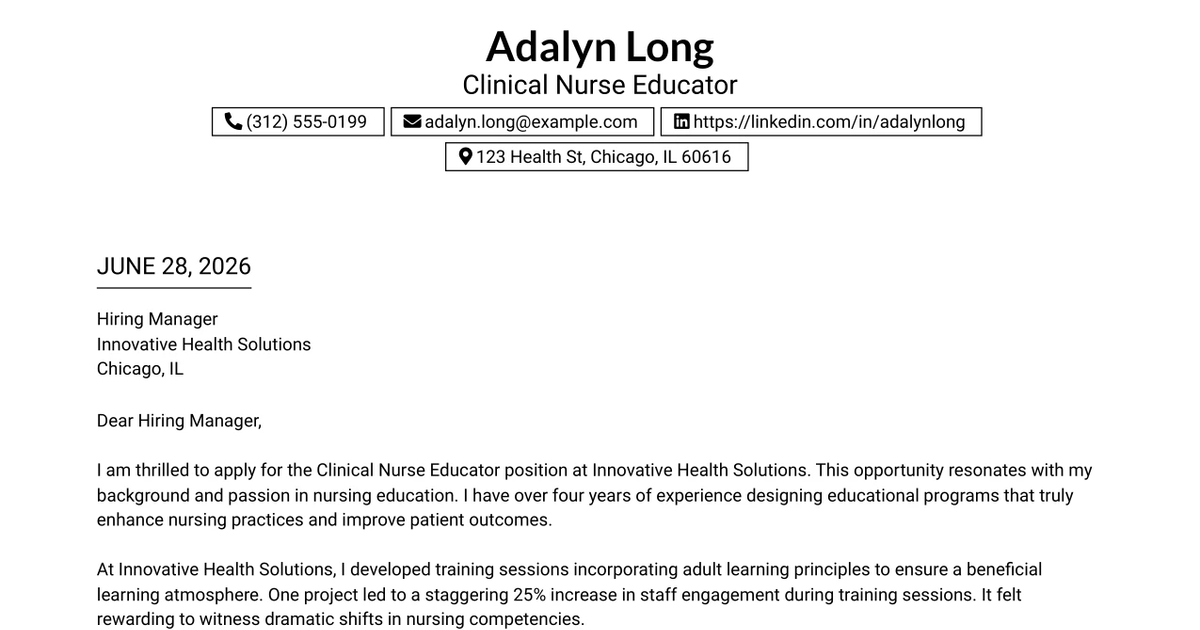 30+ Clinical Nurse Educator Cover Letter Templates with Example 2026