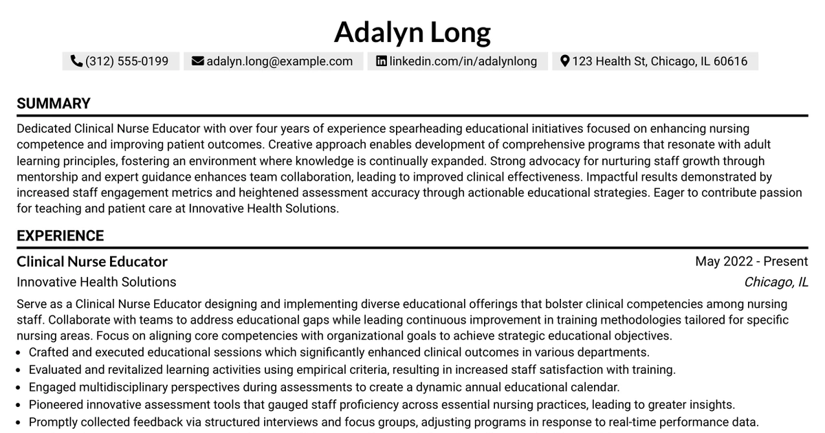 33 Clinical Nurse Educator Resume Templates with Example 2026 (ATS-Optimized)