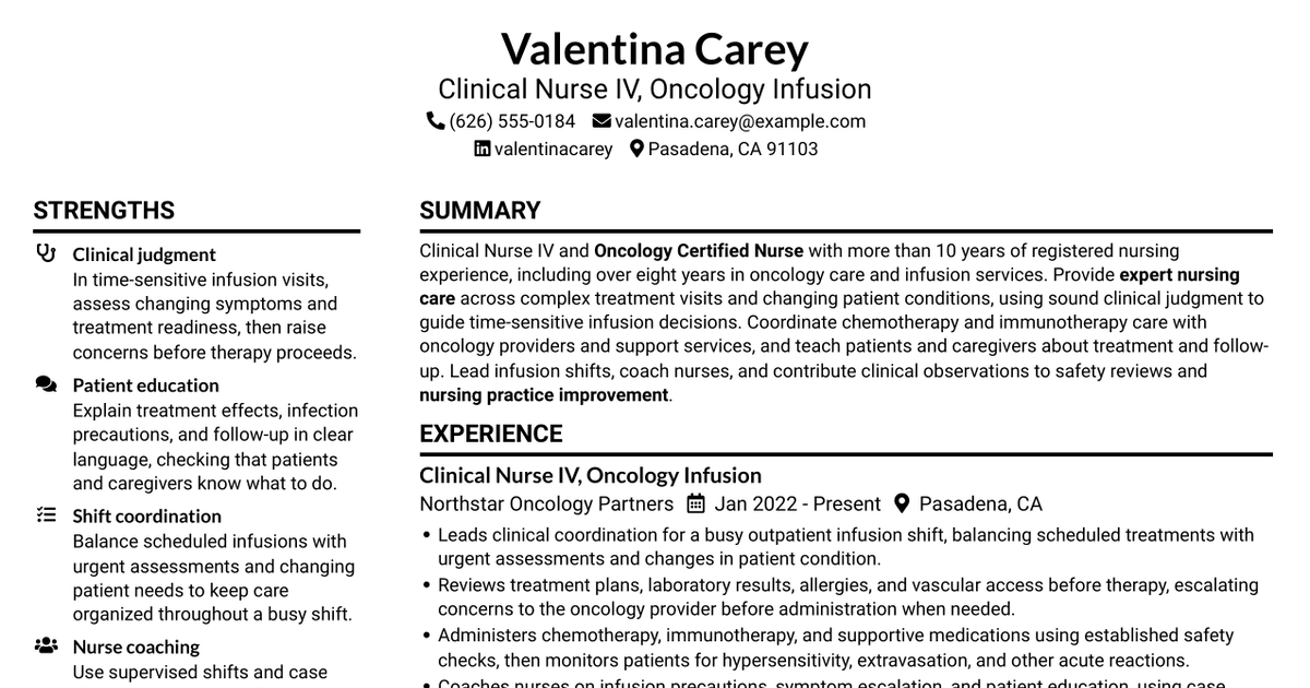 7 Clinical Nurse IV - Oncology Infusion Resume Templates with Example