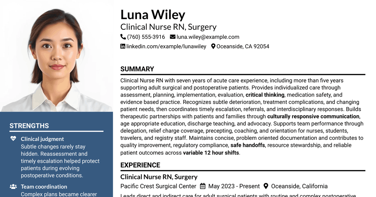 7 Clinical Nurse RN - Surgery Resume Templates with Example
