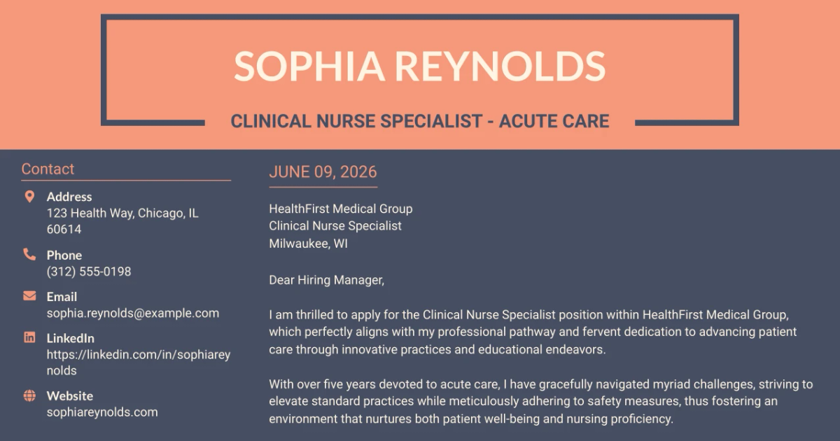 30+ Clinical Nurse Specialist - Acute Care Cover Letter Templates with Example 2026