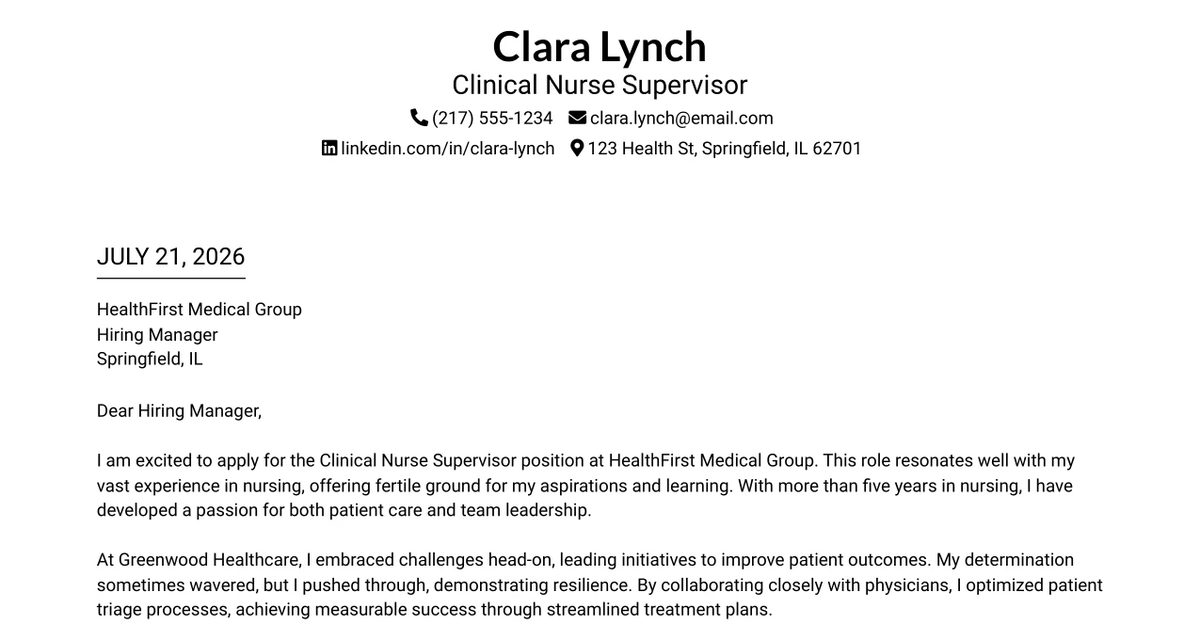 30+ Clinical Nurse Supervisor Cover Letter Templates with Example 2026