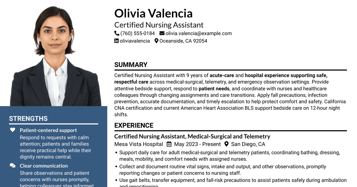 7 Clinical Partner / Certified Nursing Assistant (CNA) - Acute Care Resume Templates with Example