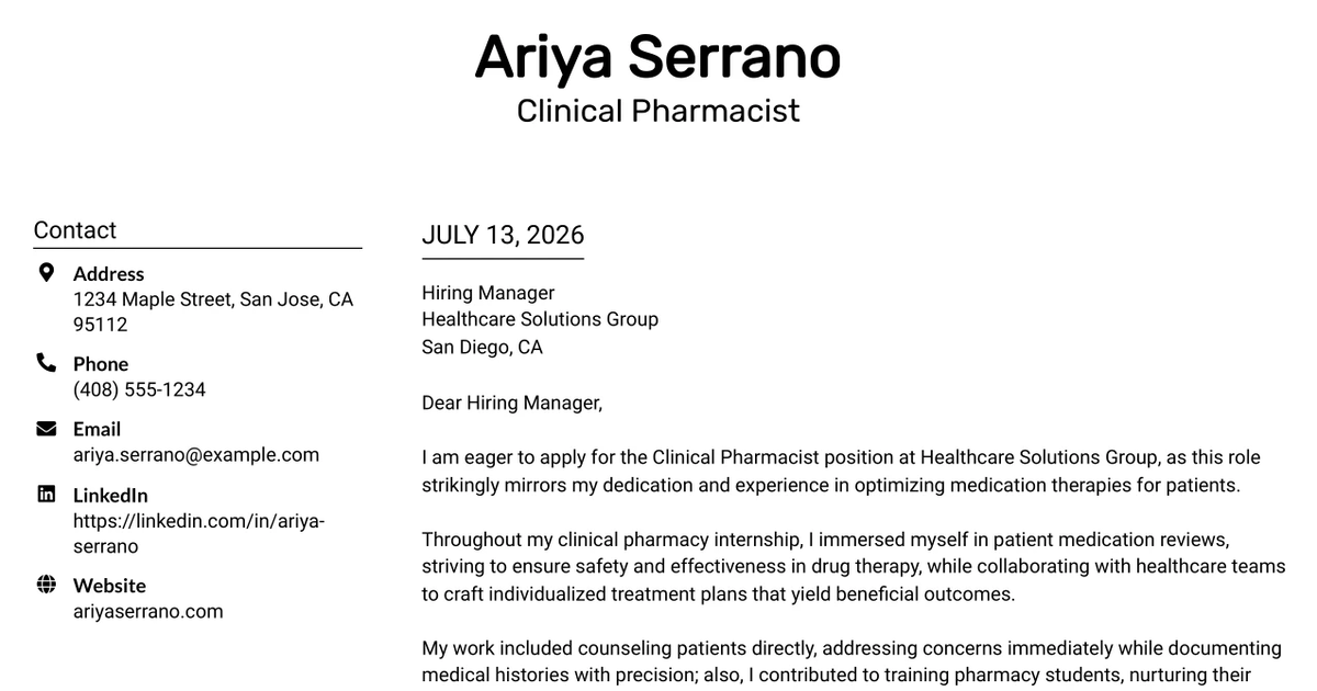 30+ Clinical Pharmacist Cover Letter Templates with Example 2026