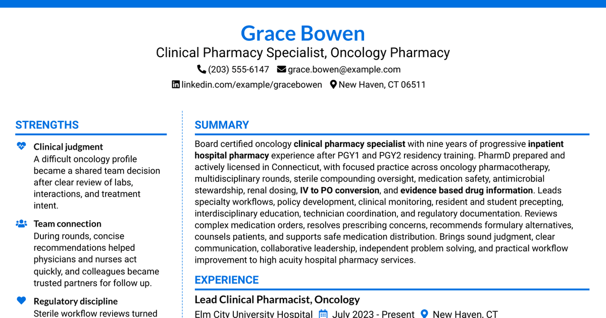 7 Clinical Pharmacy Specialist - Oncology Pharmacy Resume Templates with Example