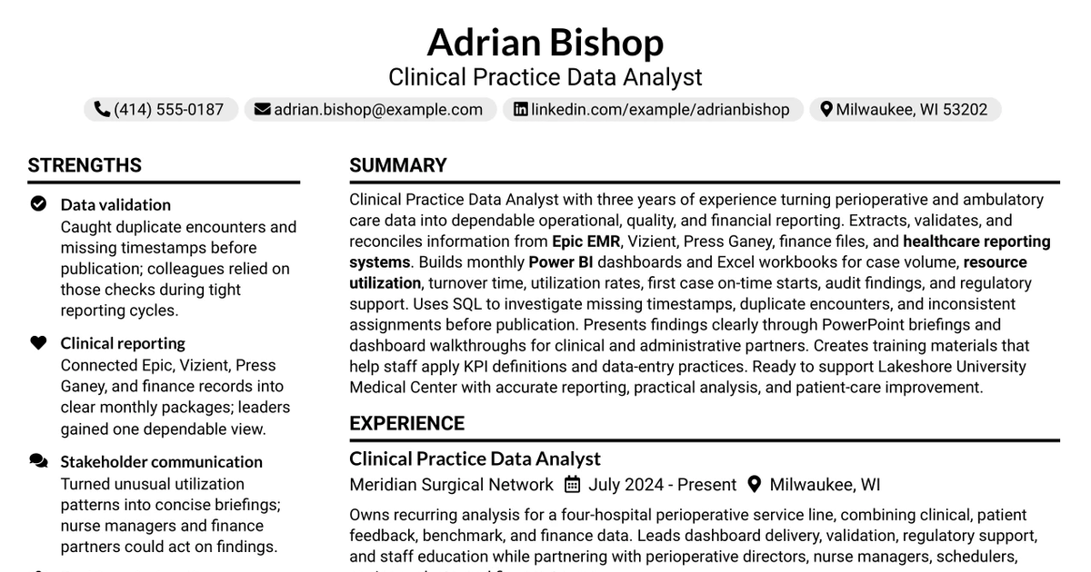 33 Clinical Practice Data Analyst - Perioperative Services Resume Templates with Example 2026 (ATS-Optimized)