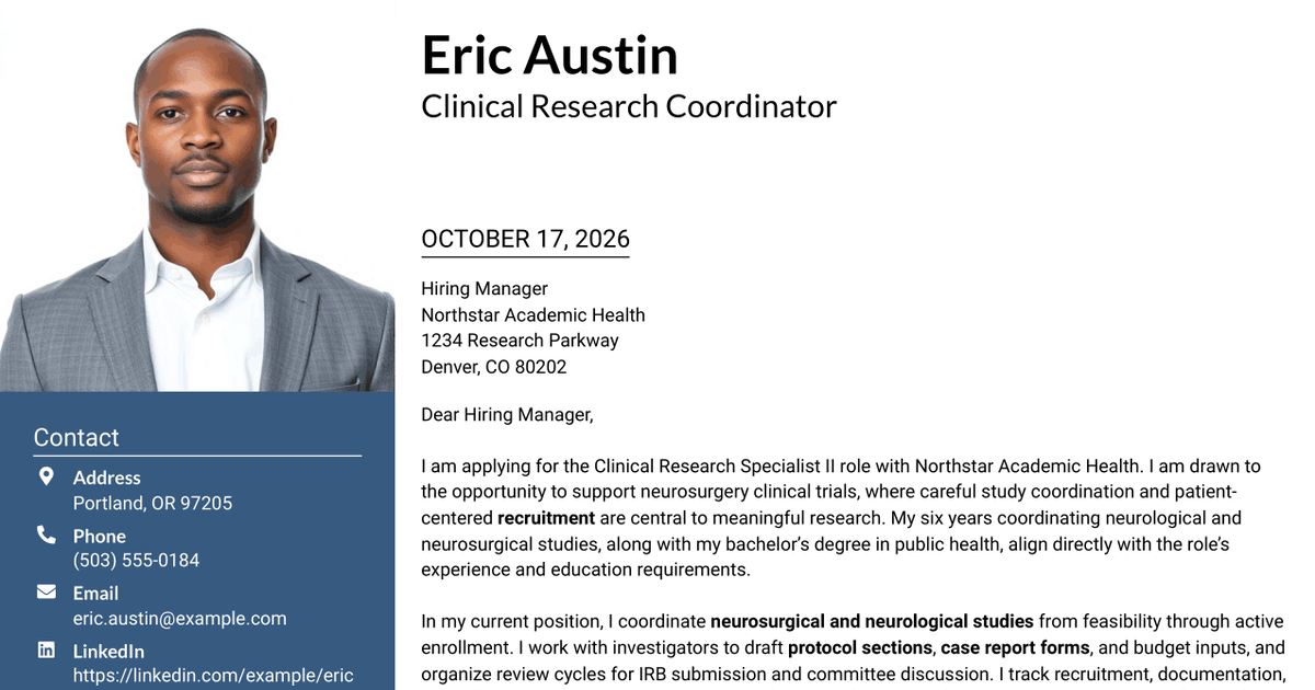 7 Clinical Research Specialist II - Neurosurgery Clinical Trials Cover Letter Templates with Example