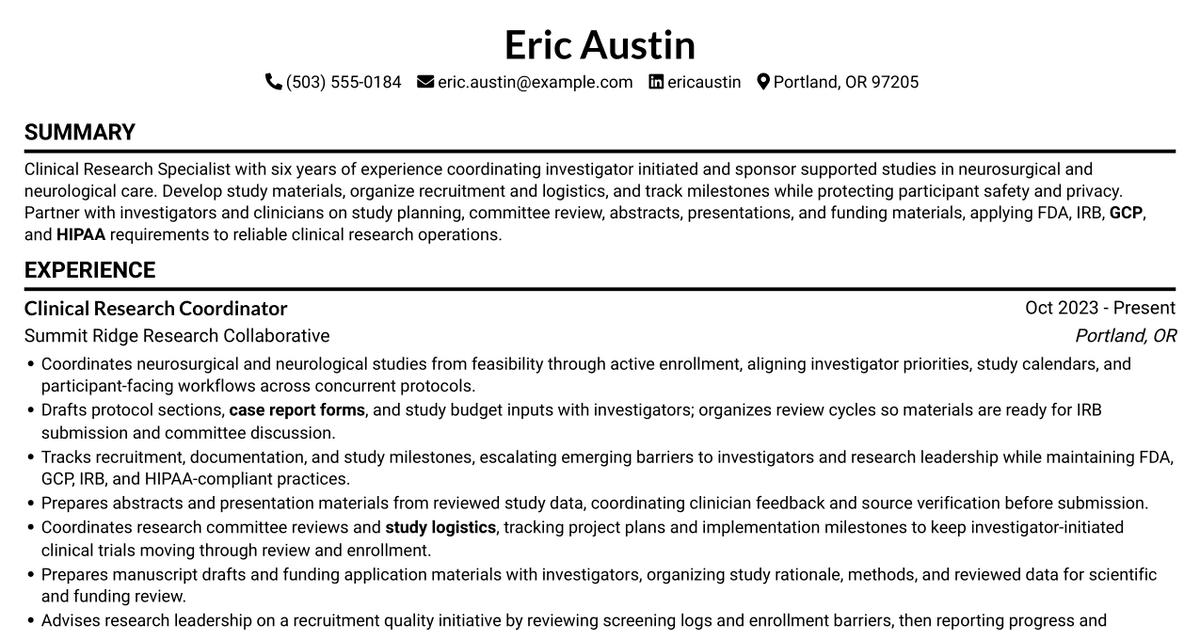 7 Clinical Research Specialist II - Neurosurgery Clinical Trials Resume Templates with Example