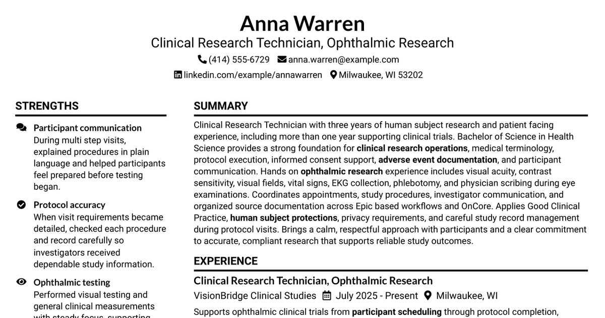 7 Clinical Research Technician - Ophthalmic Research Resume Templates with Example