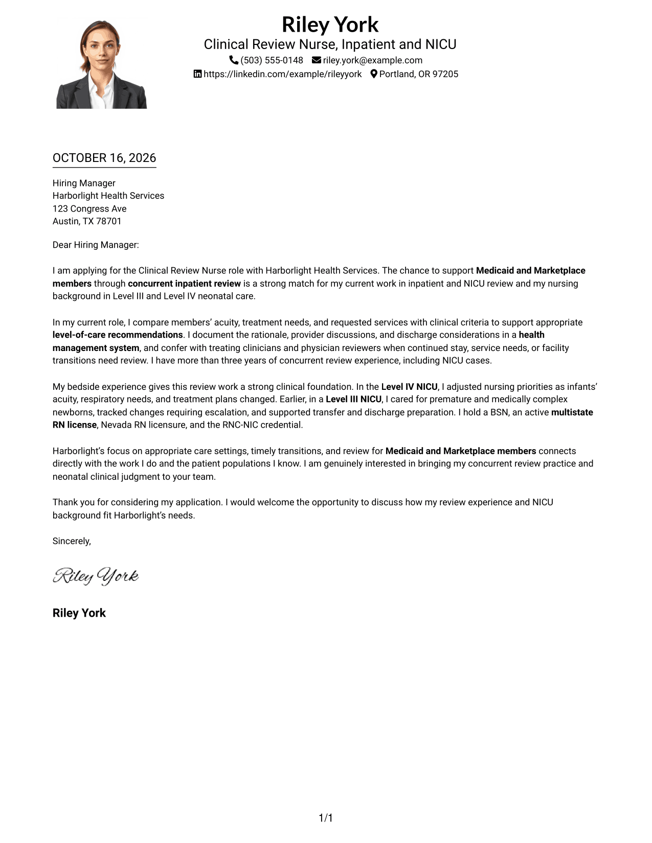 Cover letter example — page 1