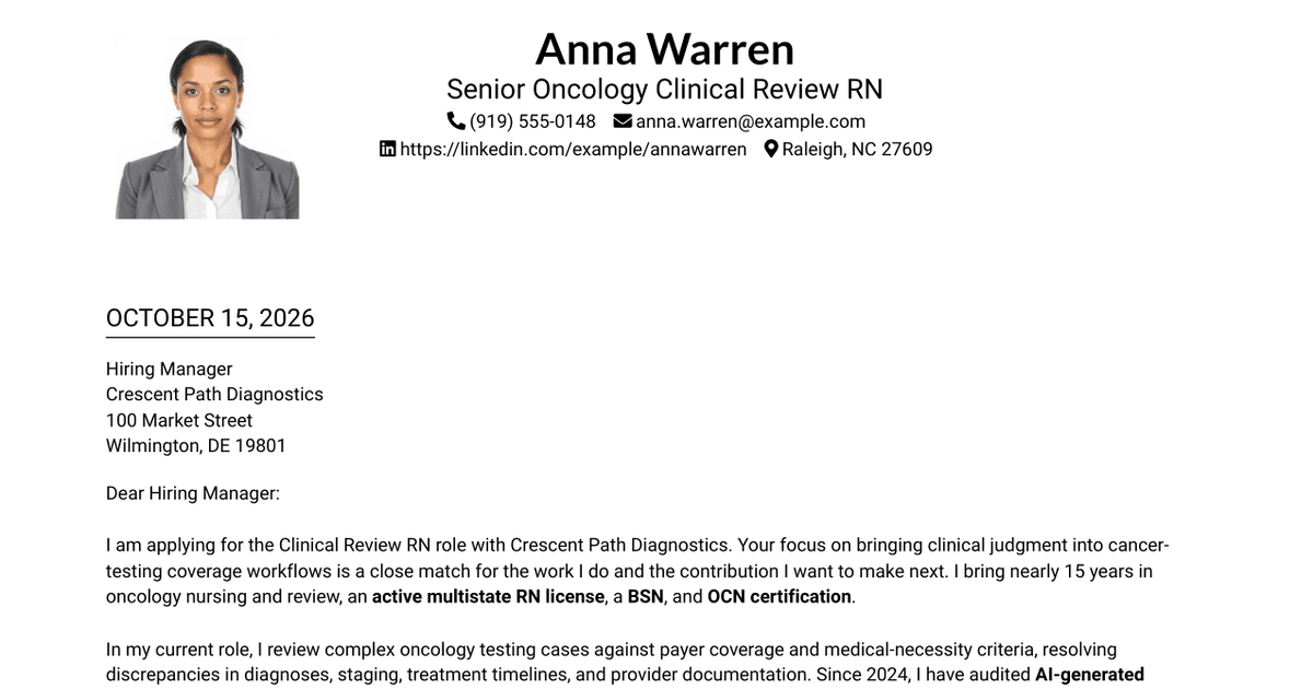 7 Clinical Review RN - Oncology AI Review Cover Letter Templates with Example