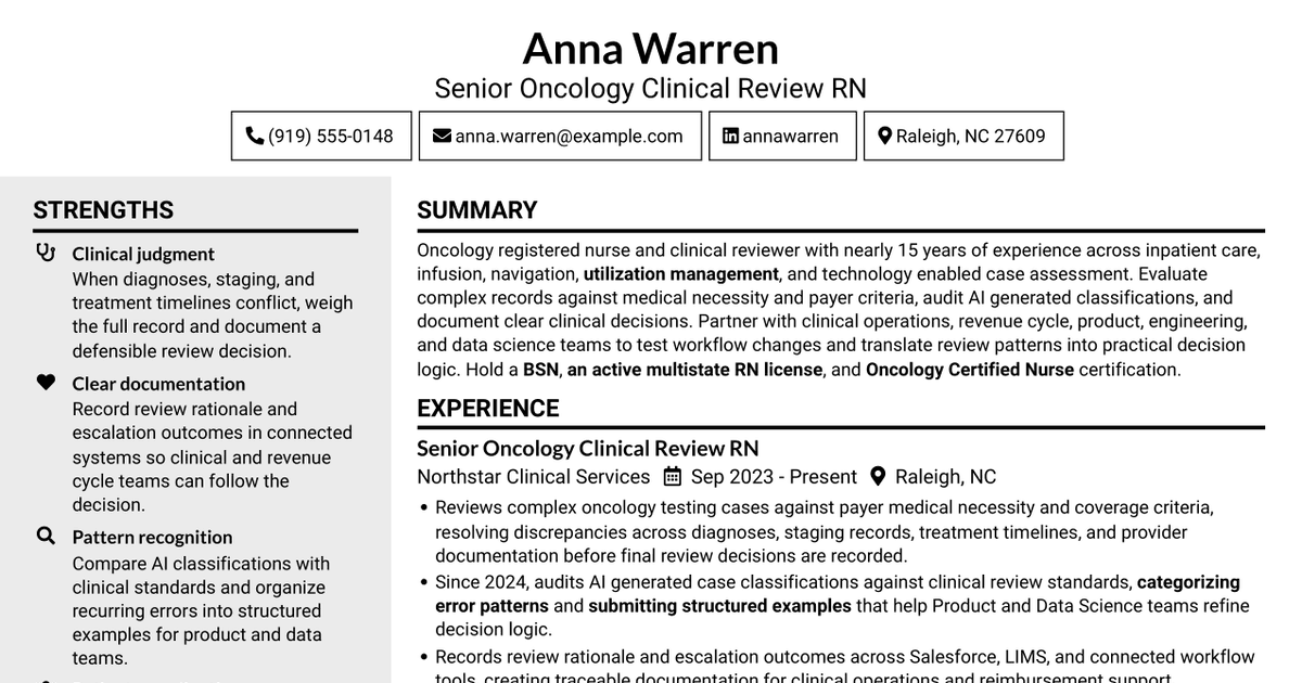 7 Clinical Review RN - Oncology AI Review Resume Templates with Example