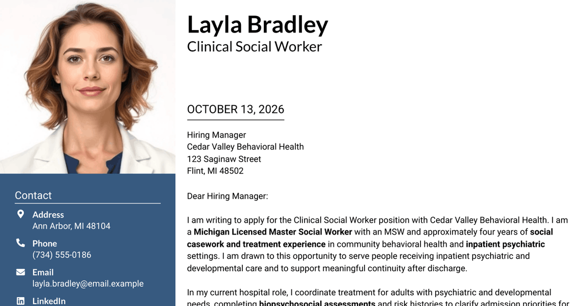 7 Clinical Social Worker - Inpatient Psychiatric Services Cover Letter Templates with Example