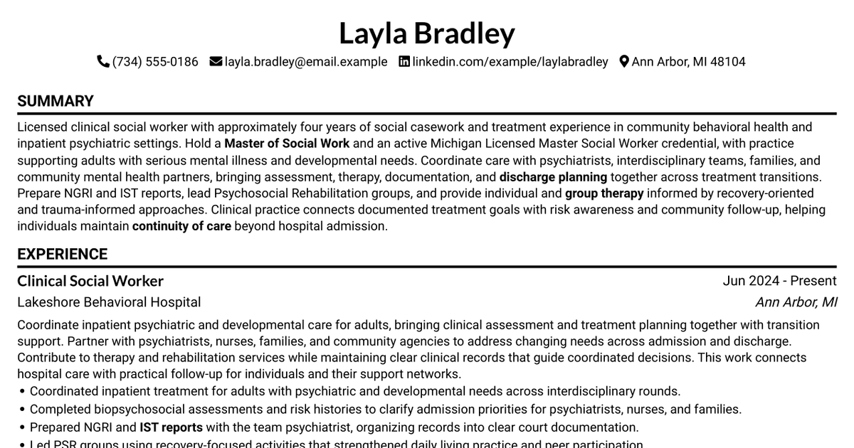 7 Clinical Social Worker - Inpatient Psychiatric Services Resume Templates with Example