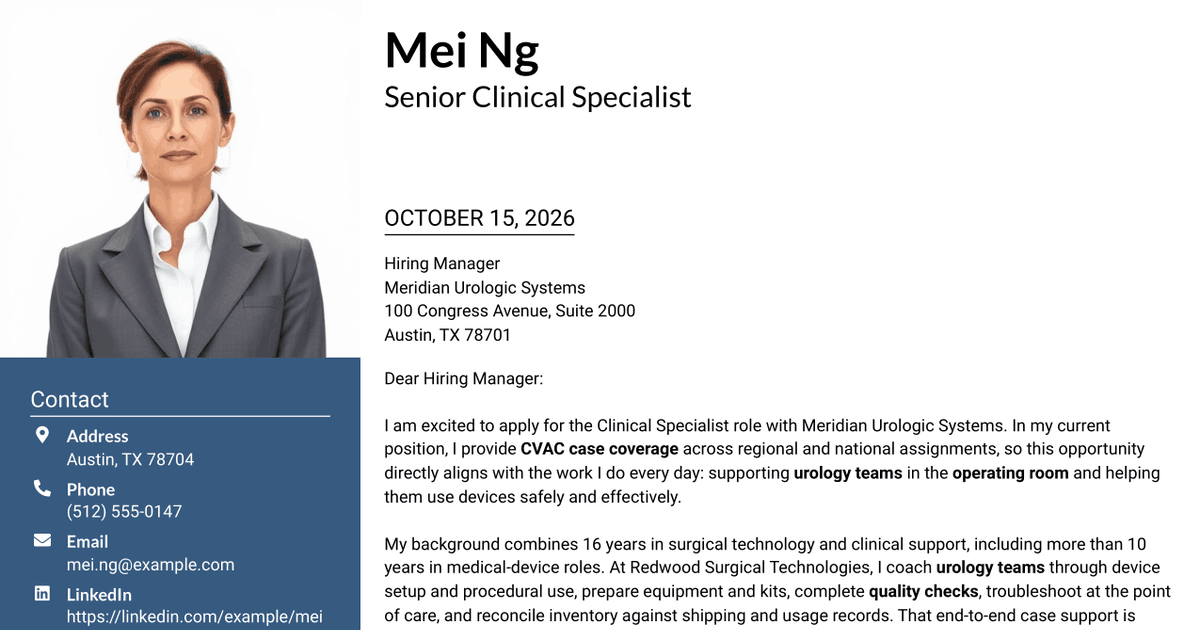7 Clinical Specialist - Urology Device Case Coverage Cover Letter Templates with Example