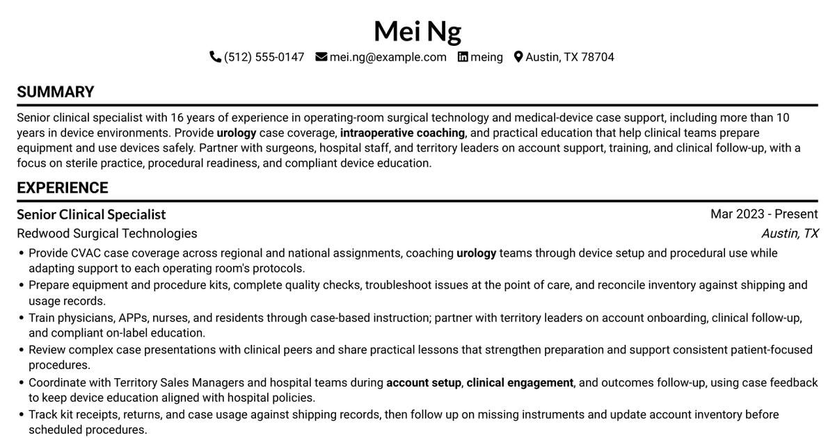 7 Clinical Specialist - Urology Device Case Coverage Resume Templates with Example