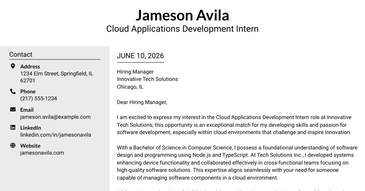 30+ Cloud Applications Development Intern Cover Letter Templates with Example 2026