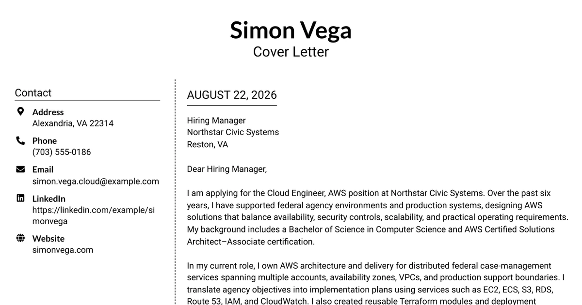 30+ Cloud Engineer, AWS Cover Letter Templates with Example 2026