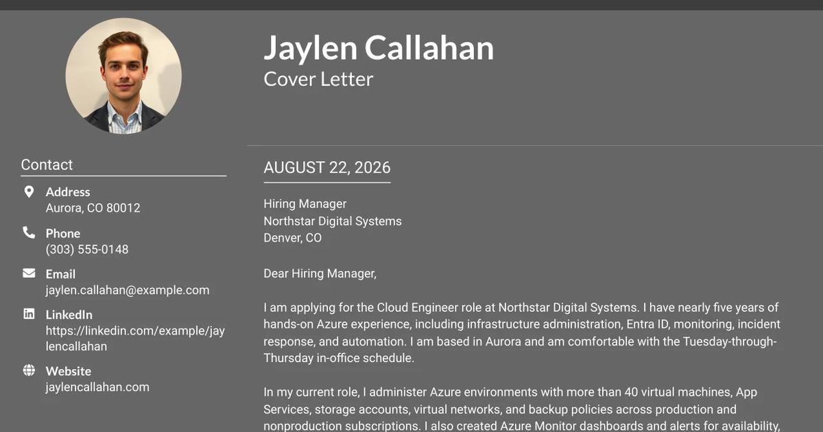 30+ Cloud Engineer (Azure, Entra ID) - Contract-to-hire, Hybrid Cover Letter Templates with Example 2026
