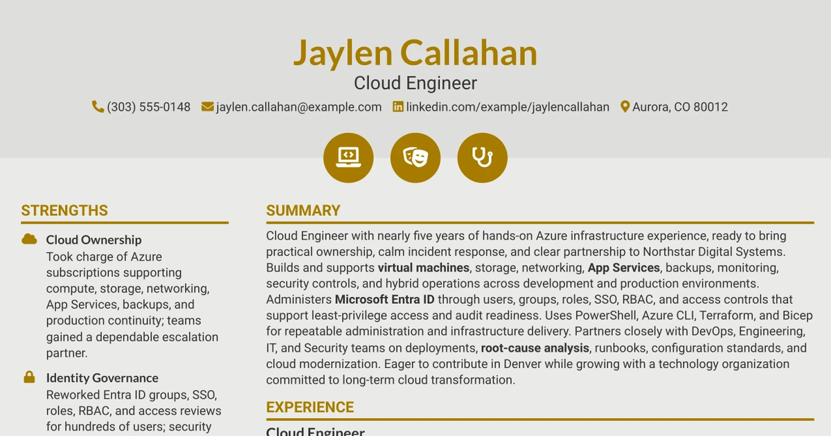 33 Cloud Engineer (Azure, Entra ID) - Contract-to-hire, Hybrid Resume Templates with Example 2026 (ATS-Optimized)