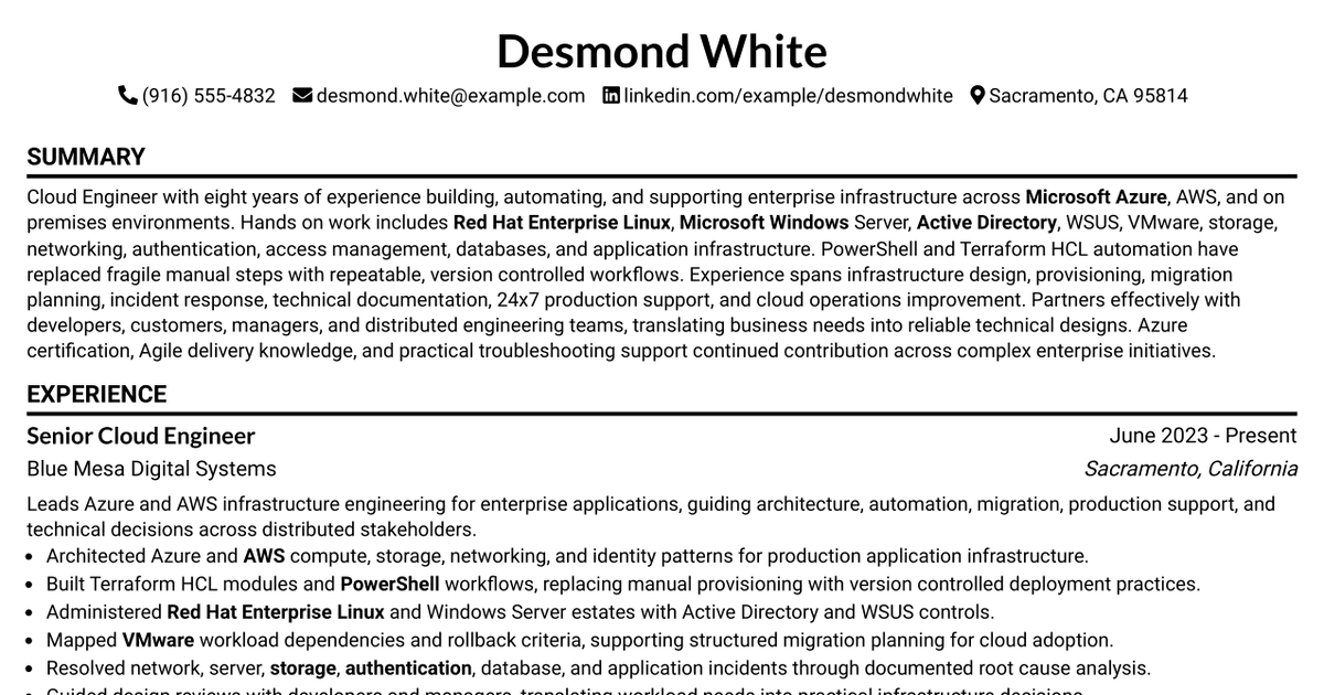 7 Cloud Engineer - Enterprise Application Infrastructure Resume Templates with Example