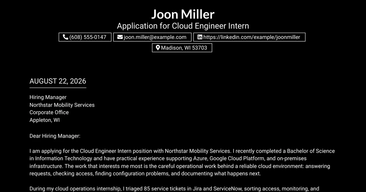 30+ Cloud Engineer Intern Cover Letter Templates with Example 2026
