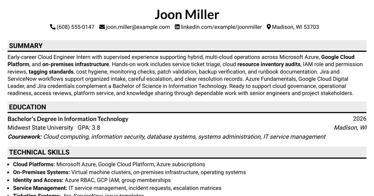 33 Cloud Engineer Intern Resume Templates with Example 2026 (ATS-Optimized)
