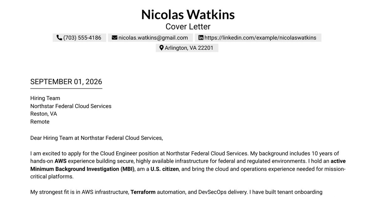 30+ Cloud Engineer – Mid-Level Cover Letter Templates with Example 2026