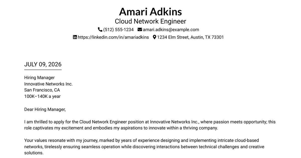 30+ Cloud Network Engineer Cover Letter Templates with Example 2026