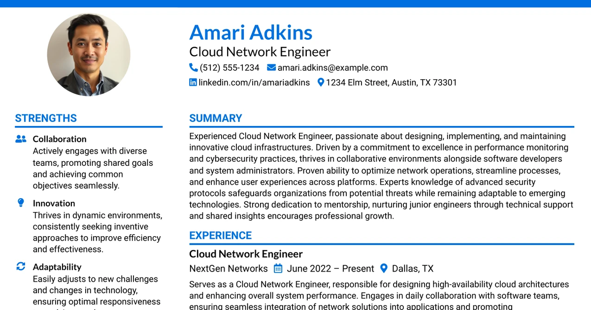 33 Cloud Network Engineer Resume Templates with Example 2026 (ATS-Optimized)