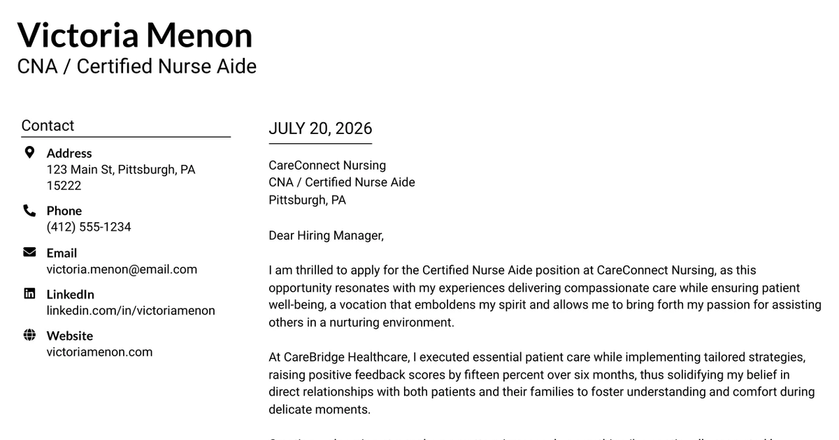 30+ CNA / Certified Nurse Aide Cover Letter Templates with Example 2026