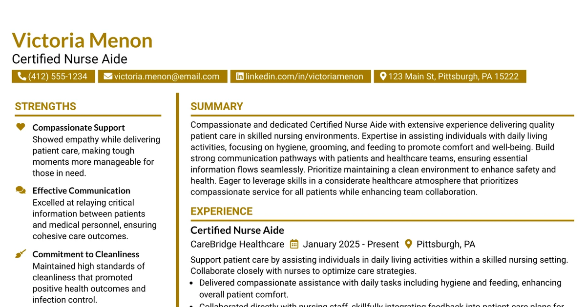 33 CNA / Certified Nurse Aide Resume Templates with Example 2026 (ATS-Optimized)