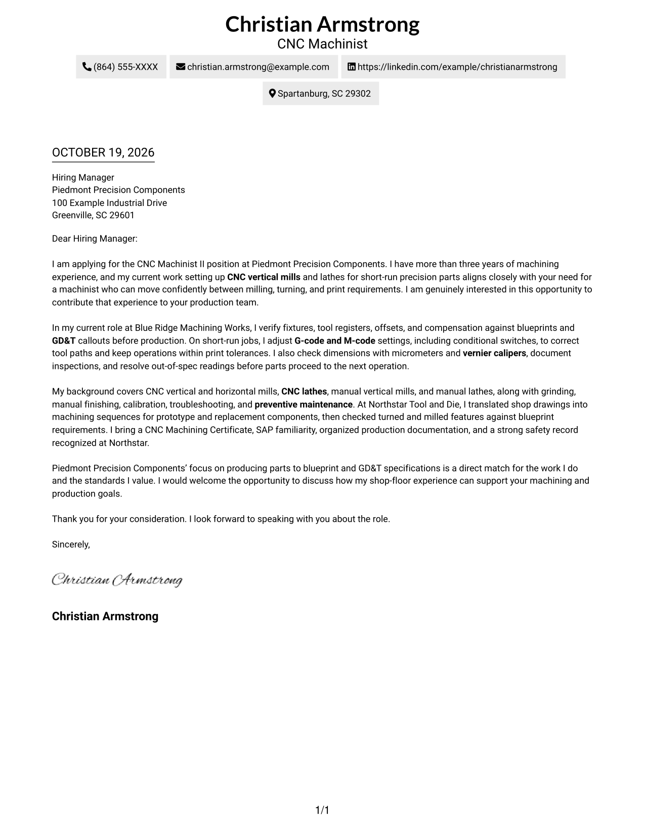 Cover letter example — page 1