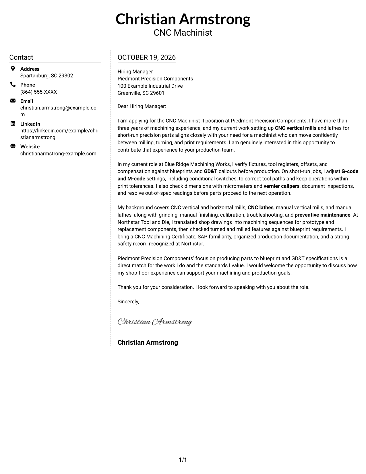 Cover letter example — page 1