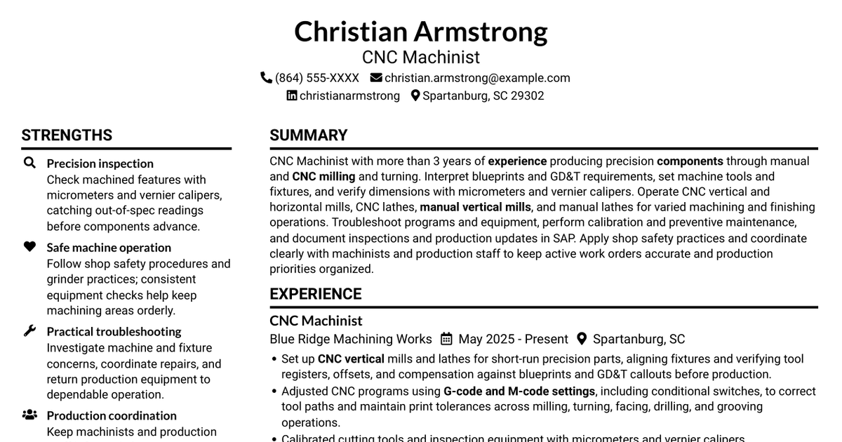 7 CNC Machinist II - Milling and Turning Resume Templates with Example