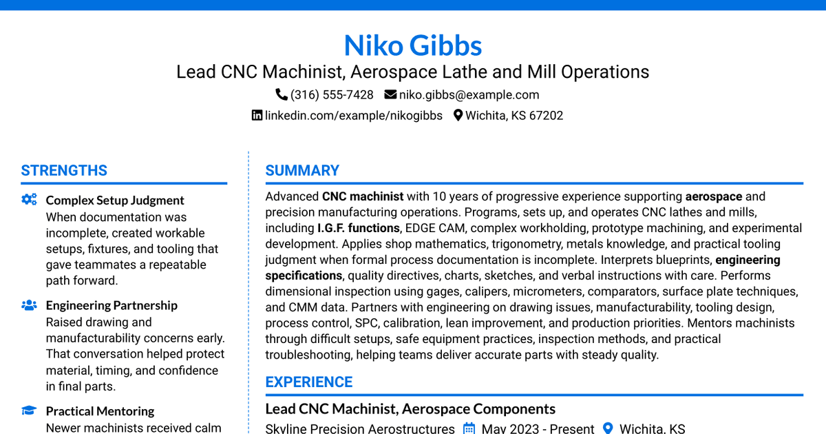 7 CNC Machinist Tech - Lathe - Aerospace Resume Templates with Example