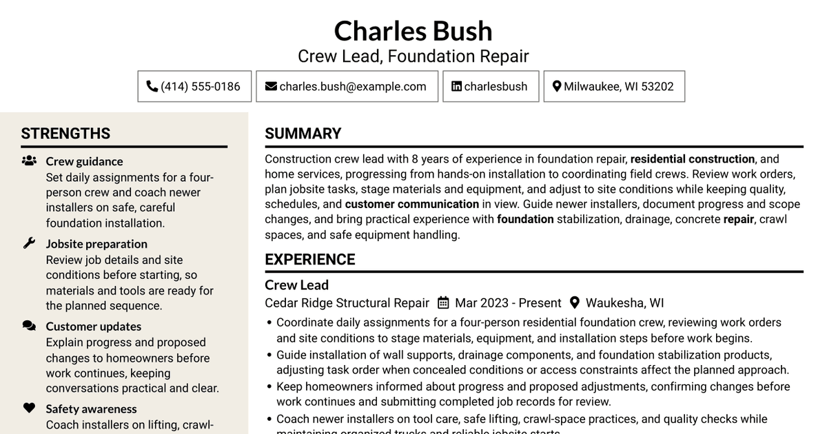 7 Co-Foreman - Foundation Repair Installation Resume Templates with Example