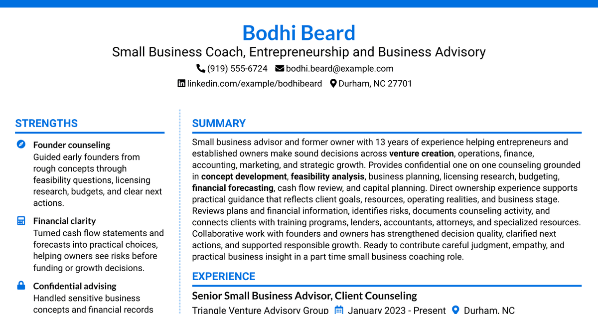 7 Coach, Small Business Center Resume Templates with Example