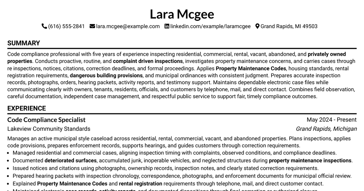 7 Code Compliance Official Resume Templates with Example
