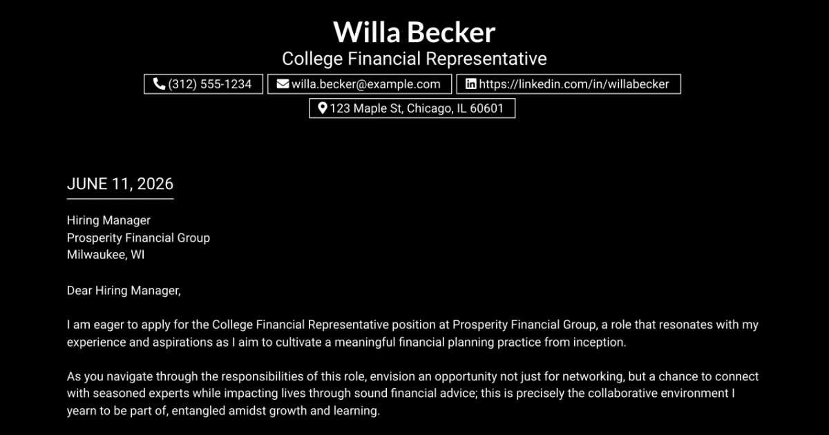 30+ College Financial Representative Cover Letter Templates with Example 2026