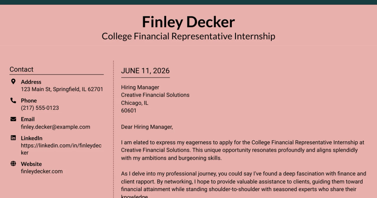 30+ College Financial Representative Internship Cover Letter Templates with Example 2026