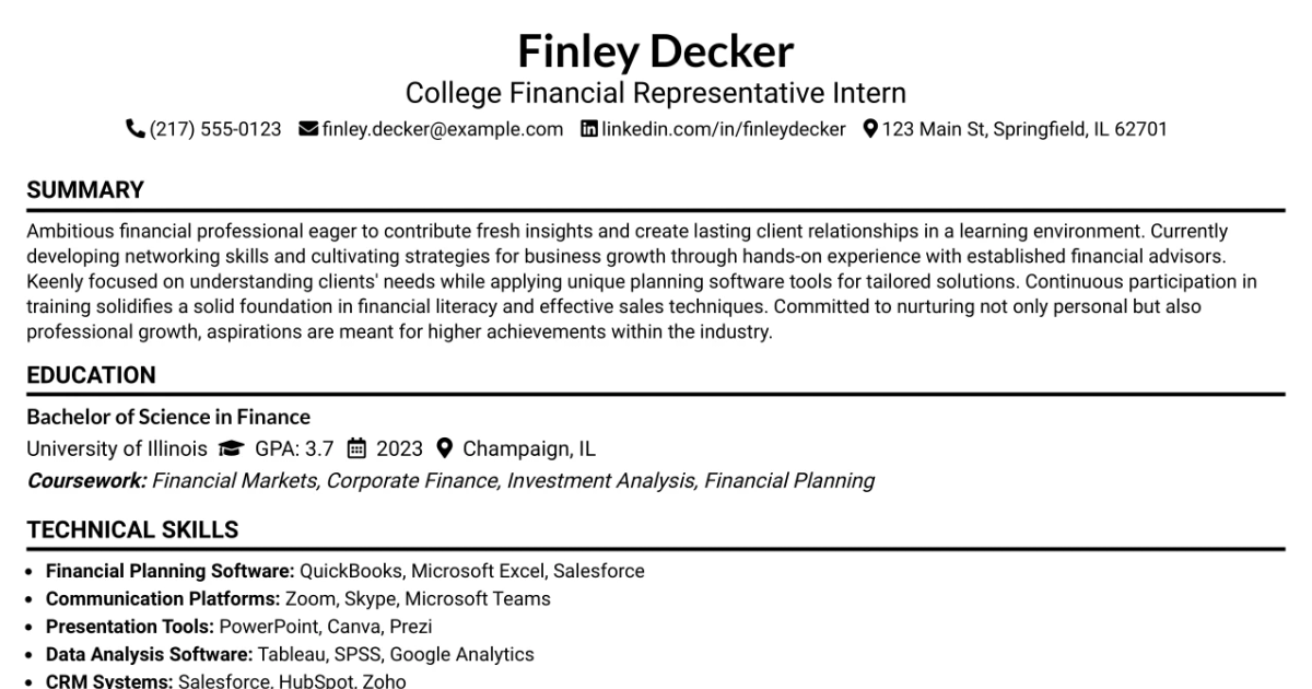 33 College Financial Representative Internship Resume Templates with Example 2026 (ATS-Optimized)