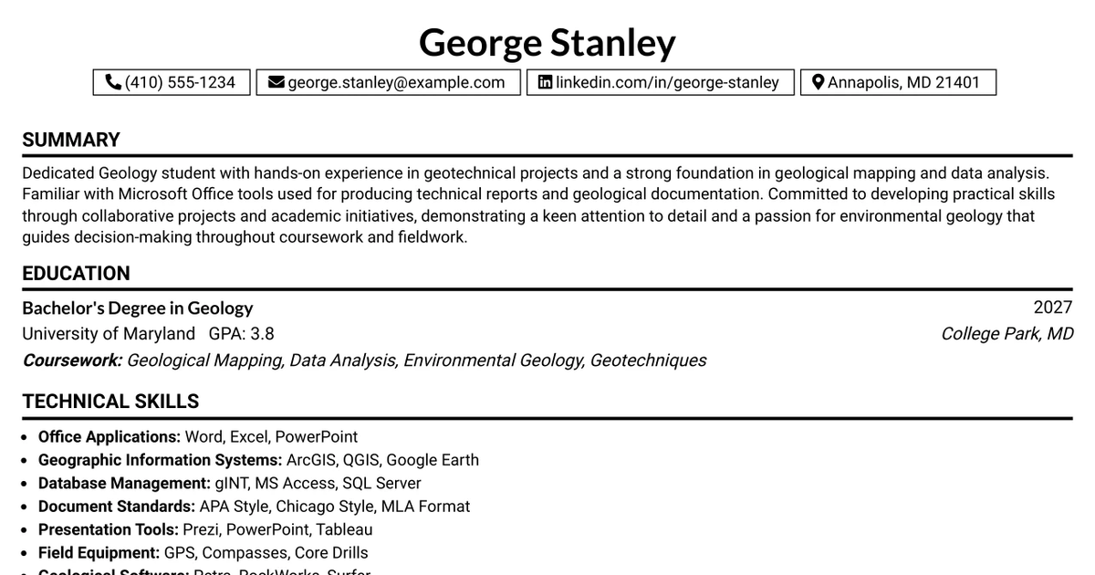 33 College Intern - Geologist Resume Templates with Example 2026 (ATS-Optimized)